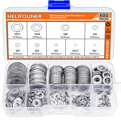 HELIFOUNER 600 Pieces 9 Sizes 304 Stainless Steel Flat Washers Assortment Kit (M2 M2.5 M3 M4 M5 M6 M8 M10 M12) - size: M2-M12 Assortment