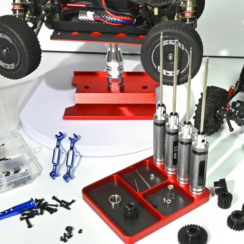 Magnet Tool Tray Aluminum Alloy Screw Tray with Tool Holder RC Parts Fixing for 1/10 RC Cars, Drones, Phone, Computer, Eyeglass, Electronic Multi-Compartment Anti-Loss Organizer Storage Box (Red - color: Red