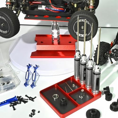 Magnet Tool Tray Aluminum Alloy Screw Tray with Tool Holder RC Parts Fixing for 1/10 RC Cars, Drones, Phone, Computer, Eyeglass, Electronic Multi-Compartment Anti-Loss Organizer Storage Box (Red - color: Red