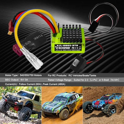 GOUPRC 60A Brushed ESC Electronic Speed Controller Waterproof for 1/10 RC Car RC Boat for use with 540/550 Motors - style: 60A Green