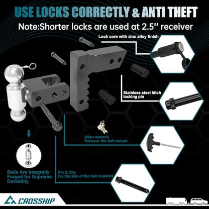 Adjustable Trailer Hitch - Heavy Duty Aluminum Drop Drawbar Hitch - Fits 2.5" Receiver, 6" Drop/Rise, for Truck, SUV, RV(18500 LBS GTW) - color: Black, size: 2.5" 6 Drop-Dual Ball