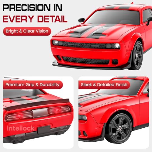 IntelLock 1:24 RTR RC Drift Car with Scratch-Free Drift Tires, 4WD High-Speed Muscle, 2 Rechargeable Batteries, LED Lights, 2.4GHz Remote Control Car for Kids & Adults, Indoor/Outdoor (Red 2)