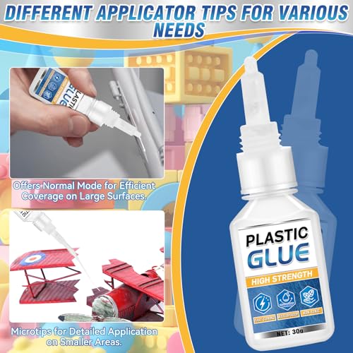 Plastic Glue for Models & Miniatures, Strong Bond, 60g Total (2×30g) | Fast-Setting CA Adhesive with 6 Precision Tips, Strong Model Glue for PLA, ABS, PVC, Acrylic and 3D Print Repairs