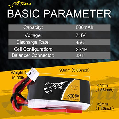 TATTU 800mAh 7.4V 45C 2S1P LiPo Battery Pack with JST-SYP Plug for Small Size FPV Torrent 110 - size: 1 Pcs