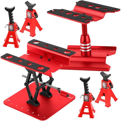 2-Pack RC Work Stand Bundle for 1/18 1/24 1/30 1/32 TRX4M K10 SCX24 FCX24 K5 AX24 SCX30 Ascent-32, 360° Rotating Display Stand & Height Adjustable Lift Table w/ 4 Pcs Jack Stands,Red w/Red - color: Red(1set)