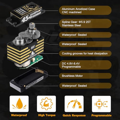 HobbyPark Waterproof RC Servo High Torque Brushless Motor Metal Gear Digital Servo Aluminum Case for 1/8 1/10 RC Crawler SCX10 TRX4 RC Truck Car Buggy RC Basher Control Angle 180° HV (45kg Torque)
