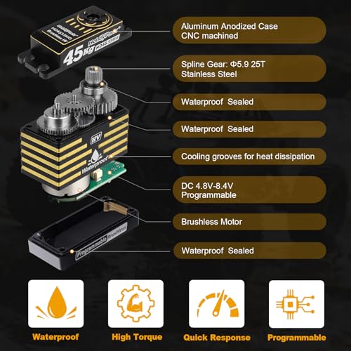 HobbyPark Waterproof RC Servo High Torque Brushless Motor Metal Gear Digital Servo Aluminum Case for 1/8 1/10 RC Crawler SCX10 TRX4 RC Truck Car Buggy RC Basher Control Angle 180° HV (45kg Torque)