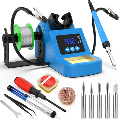 Soldering Station, 130W Digital Display Soldering Iron Station Kit with 2 Helping Hands, 356°F-932°F, Auto Sleep, Solder Wire, 5 Tips, Solder Sucker, Sponge, Tweezers, Tip Cleaner, Blue