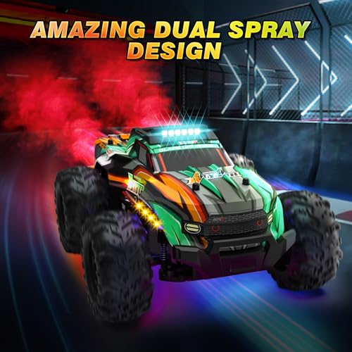 BLUEJAY Remote Control Car, 1:16 All Terrain High Speed RC Cars Truck for Boy, Rechargeable Monster RC Truck with Cool LED Lights & Spray, RC Cars Toys Gifts for Adults Kids Boys Girls 4-7 8-12 - color: Orange