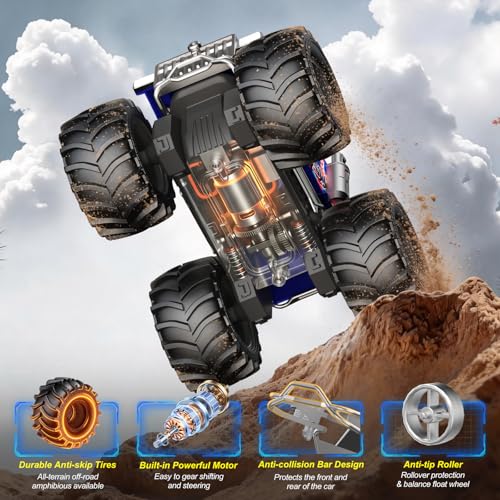 Amphibious Remote Control Car, 1:18 Boys Monster Truck Toys with LED Eyes | 4WD All Terrain Waterproof RC Cars, 2 x 1500mAh Batteries, 2.4 GHz RC Toys for Kids, 6+ Year Old Boys Christmas Birthday Gift - color: Blue/Red