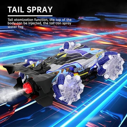 Gesture Sensing Stunt RC Car with Lights & Music, Hand Gesture Remote Control Toy with 360° Spins Mist Spray (Blue) - color: Blue