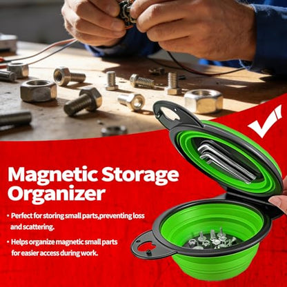 Magnetic Trays, Magnetic Bowl for Screws, Magnetic Tool Tray (green2.0) | Collapsible Magnetic Tool Tray, Integrated 5.1" Round Dual Silicone Bowls, Upgraded Version, Bonus Hook for On-the-Go Carry - style: green2.0