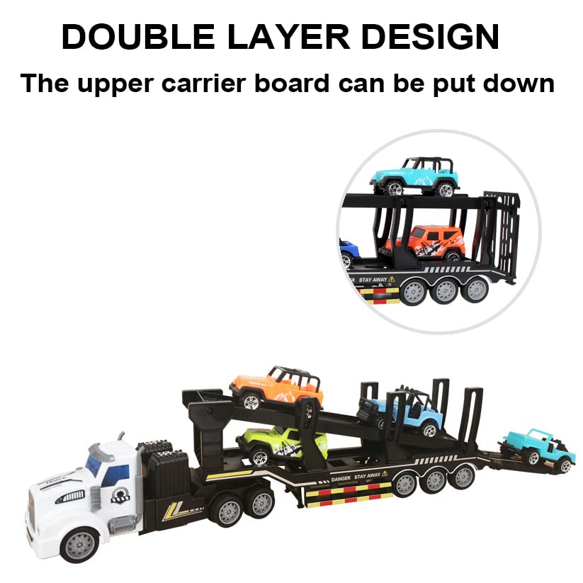 Remote Control Car Transporter Truck Includes 4 Cars - 14" 1:48 Mini RC Toy Semi Truck Trailer with 2pcs Rechargeable Batteries, Carrier Car Truck Vehicle with Lights, Great Gift for Kids Boys Girls