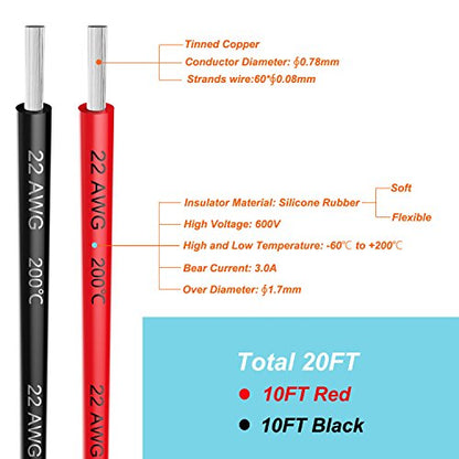 Electrical Wire 22 AWG 22 Gauge Silicone Wire Hook Up Wire Cable 20 Feet [10 ft Black and 10 ft Red] - Soft and Flexible 60 Strands 0.08mm of Tinned Copper Wire High Temperature Resistant - size: 2 Colors each 10FT, style: 22AWG