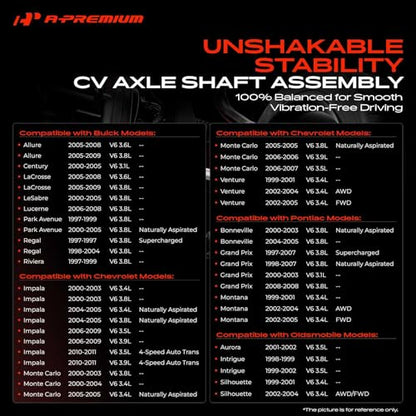 A-Premium Front Left Driver Side CV Axle Shaft Assembly | Compatible with Chevrolet Impala 2000-2011, Monte Carlo, Venture & Buick LaCrosse, Allure, Century, Regal & Olds & Pontiac - style: Front Driver Side