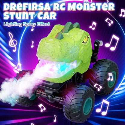 Drefirsa Remote Control Car for Boys 4-7 8-12, Dinosaur Monster Truck Toys with 50min+ Runtime, Spray, LED Light, 360° Rotating & 90° Driving, RC Stunt Car for Kids Birthday | 50min+ Runtime,Stunt, Spray, LED Light, Rotating, Upright Driving, RC Stunt Car