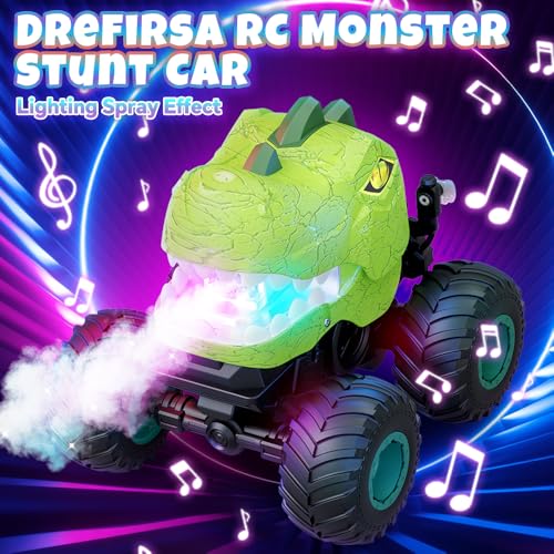Drefirsa Remote Control Dinosaur Car for Boy 4-7 8-12, Dinosaur Toy for Kid | 50min+ Runtime,Stunt, Spray, LED Light, Rotating, Upright Driving, Monster Truck Toy for Kid Birthday Christmas Gift - color: Beige