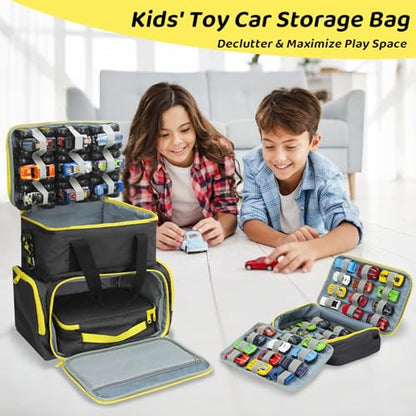 Tote Toy Cars Storage Bag with Inner Pouches – Holds 96 Cars and 24 Monster Trucks, Toy Cars Organizer Storage for Matchbox, Monster Trucks (Yellow)