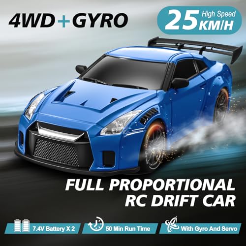 RC Drift Car Pro Upgraded with Gyro, 1:24 Full Proportional Remote Control Car, 25KM/H 4WD High Speed RC Cars with Lights, Extra Racing Tires, Vehicle for Adults Kids Boys Girls, Blue - color: Blue