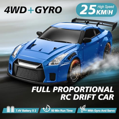 RC Drift Car Pro Upgraded with Gyro, 1:24 Full Proportional Remote Control Car, 25KM/H 4WD High Speed RC Cars with Lights, Extra Racing Tires, Vehicle for Adults Kids Boys Girls, Blue - color: Blue