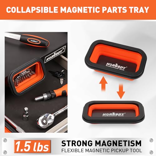HORUSDY 4 - PIECE Magnetic Pickup Tools Kit | Extendable Telescoping Magnet Pick Up Tool Set 7-30.5” & 5-25” | Bend-It Flexible Magnetic Sweeper | Collapsible Parts Tray for Garage Workshop Yard - style: 4-Piece Magnetic Tray & Stick - Collapsible