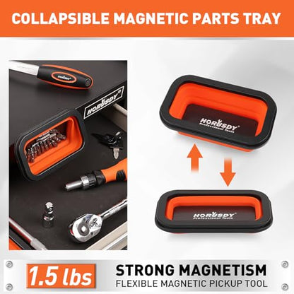 HORUSDY 4 - PIECE Magnetic Pickup Tools Kit | Extendable Telescoping Magnet Pick Up Tool Set 7-30.5” & 5-25” | Bend-It Flexible Magnetic Sweeper | Collapsible Parts Tray for Garage Workshop Yard - style: 4-Piece Magnetic Tray & Stick - Collapsible