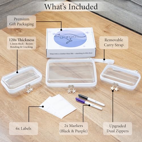 Clear Hard Shell Zipper Case Set (1Large + 2Small), 120s Thick PET Plastic Storage Bags, Dual Zipper Travel Organizer with Star Charms, Removable Strap, Removable Labels & 2 Markers - size: 1Large + 2Small