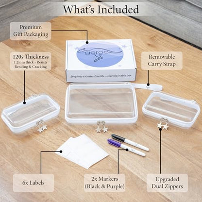 Clear Hard Shell Zipper Case Set (1Large + 2Small), 120s Thick PET Plastic Storage Bags, Dual Zipper Travel Organizer with Star Charms, Removable Strap, Removable Labels & 2 Markers - size: 1Large + 2Small