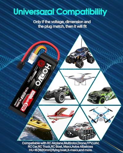 HOOVO 4S Lipo Battery 14.8V 6500mAh 120C RC Battery Pack with TR Plug for Maxx X-Maxx RC Car Truck Buggy Crawler Helicopter Drone,2Packs