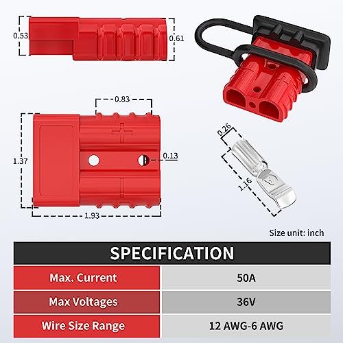 RVBOATPAT 4PCS 50Amp Battery Quick Connect/Disconnect Connector, 6 to 12 Gauge 600V Battery Cable Connector, Wire Harness Plug Kit for Car Winch Trailer - color: Red 50A 2PCS