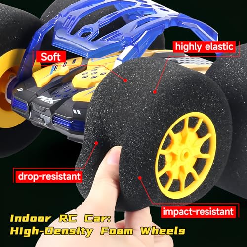 pinkking Indoor RC Car Stunt Remote Control Car Toys with Soft Wheels RC Cars for Kids with LED Headlight & Sponge Tires Crazy Stunts 360° Flips Double Sided Vehicle 2.4GHz RC for Boys Girls Gift - color: Yellow