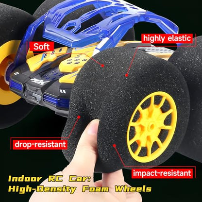 pinkking Indoor RC Car Stunt Remote Control Car Toys with Soft Wheels RC Cars for Kids with LED Headlight & Sponge Tires Crazy Stunts 360° Flips Double Sided Vehicle 2.4GHz RC for Boys Girls Gift - color: Yellow