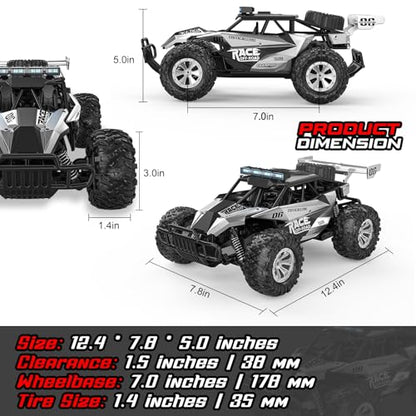 BLUEJAY Remote Control Car, 2.4GHz High Speed 33KM/H RC Cars Toys | 1:12 Monster RC Truck Off Road with LED Headlight and Rechargeable Battery Gifts for Adults Boys 8-12 - color: Metal Silver