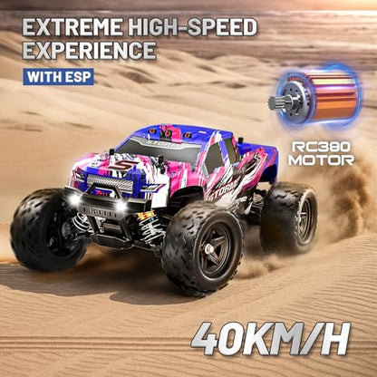 Pink Remote Control Car for Girls, Fast rc Cars for Girls 1:18 Scale Monster Truck with 40+ KM/H Speed 4WD Off-Road RC Truck, Dual Rechargeable Batteries, toys for 8 9 10 11 12 year old girl gifts - color: Pink