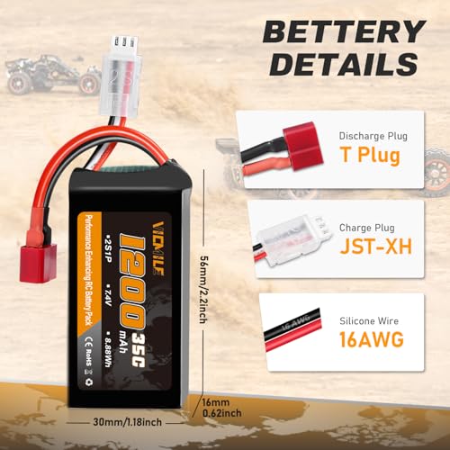 7.4V Lipo Battery 1200mAh 2S 35C High Discharge Rate Rechargeable Battery with Dean-Style T Plug Fit for WLtoys A949 A959 A969 A979 K929 Most 1/10 1/16 1/18 1/24 RC Car Truck with 1TO2 Charger
