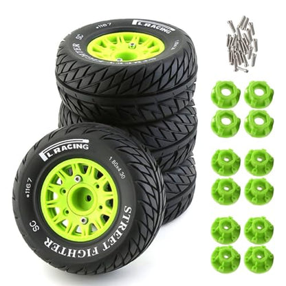 1/10 RC Short Course Truck Tires And Wheels With 12mm 14mm 17mm Hex 113mm 1/8 Rubber Tyres For 1/8 or 1/10 Scale On Road Car HSP Sonic 94102 GT PTG-2 Tamiya TT02 RC Racing Car 4PCS (Green B) - color: Green B