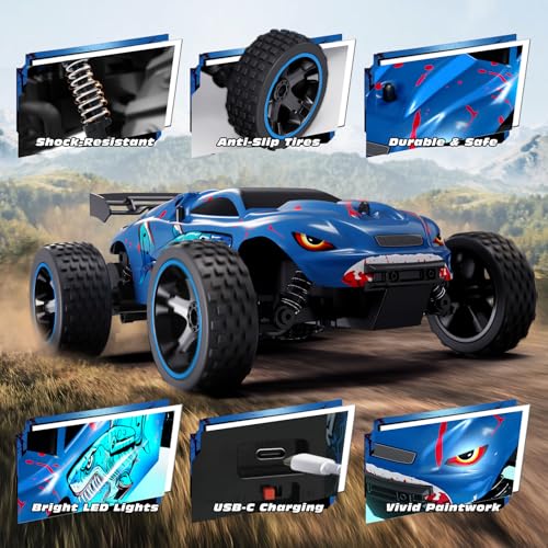 Tecnock RC Cars for Kids, 1:18 Scale 2WD RC Car with USB-C Easy Charging, 2.4GHz Remote Control Car with LED Lights & 50 Mins Playtime, Toys Gifts for Boys & Girls Ages 8-12 - color: Navy Blue
