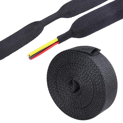 2:1 Ratio Automotive Heat Shrink Braided Sleeving 3/8''-15ft | Black 2 in 1 Ratio Wear-Resistant Flat Woven Heat Shrinkable Sleeve Fabric for Car Cable Wires Hoses Cord Protection - size: 3/8"-15ft