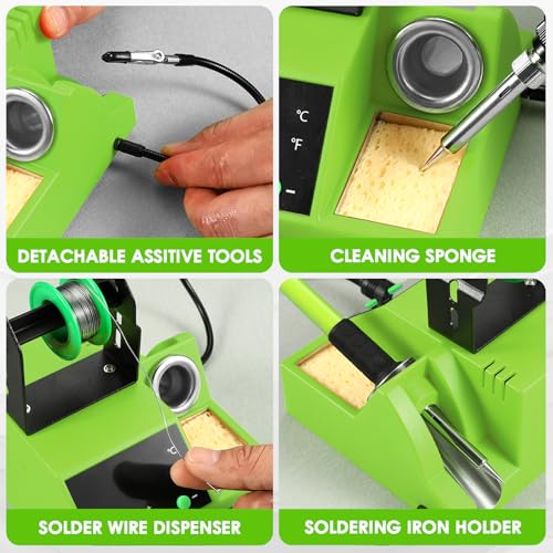 Soldering Station, 100W Digital Display Soldering Iron Station Kit with 2 Helping Hands, 356°F - 896°F, Auto Sleep, °C/°F Conversion, Solder Wire, Tips, Stand, Pump, Tweezers, Tip Cleaner, Green