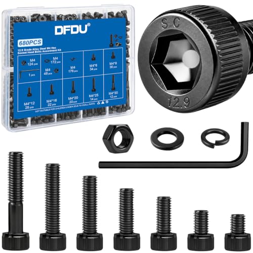 680Pcs M4 Screw Hex Socket Head Cap Bolt Kit 6-30mm 12.9 Alloy Steel | Black Zinc-Plated Metric Allen Bolts Nuts Flat Spring Washers Allen Wrench Assorted Hardware for DIY, 3D Printing Furniture - size: G12.9 M4 680PCS