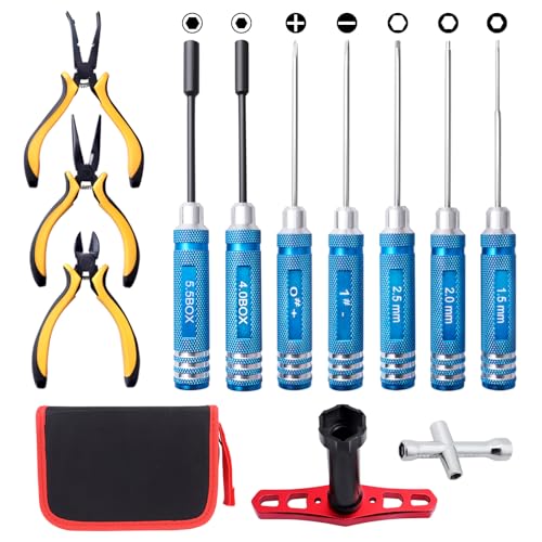 RC Car Tool Kit - Screwdriver Set (Flat, Phillips, Hex), Pliers, Wrench, Repair Tools for Quadcopter Drone Helicopter Airplane, Accessories Compatible with Traxxas RC Cars Trucks Models - 12pcs