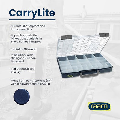 Raaco CarryLite 55 Small Parts Organizer, 25 Inserts | 2.3 Inch Height, Anti-Mix U-Profile Lid for Screws, Bolts & Nuts, Secure Sliding Lock, 25 Inserts, For workshop and garage - size: Slim-25 Inserts., style: Single Pack