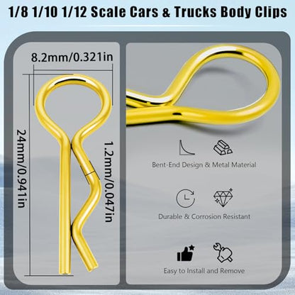 100pcs Universal RC Body Clips Pins - Compatible with Traxxas, Arrma, Redcat, Axial, HPI, HSP, Exceed, Himoto, Losi, RC4WD, Tamiya, Fits 1/8, 1/10, 1/12 Scale RC Cars, Trucks, Crawlers, Buggies - color: Gold