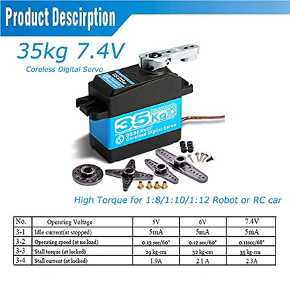 35KG Coreless Digital Motor Servo 7.4V High Speed High Torque Stainless Steel Gear Waterproof Standard Baja Servos 180 Degrees - size: 35KG-180°