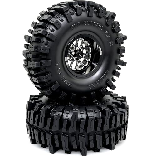 HOBBYSOUL RC 2.2'' beadlock Wheels and Tires - 5.9'' Tall Mud Slingers XL | -11mm negative offset beadlock wheel Black rims, T8 Compound Tire, For 1/10 RC Crawlers Truck Upgrades - color: Black, size: 150mm / 5.9inch Tall