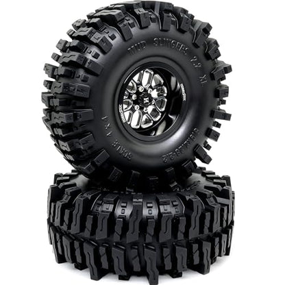 RC 2.2'' beadlock Wheels and Tires - 5.9'' Tall Mud Slingers XL | -11mm negative offset beadlock wheel Black rims, T8 Compound Tire, For 1/10 RC Crawlers Truck Upgrades - color: Black, size: 150mm / 5.9inch Tall