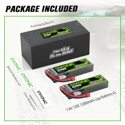 OVONIC 2S LiPo Battery 7.4V 5200mAh 120C with Dean-Style T Plug for RC Car RC Truck Airplane Helicopter Boat Car Racing RC Hobby 2 Packs