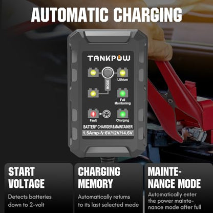6V/12V 1.5A Automatic Battery Charger,Smart Battery Charger with Overcharge Protection,Trickle Charger Maintainer for Cars,Motorcycle,Lead-Acid&Lithium(LiFePO4) Deep Cycle Batteries