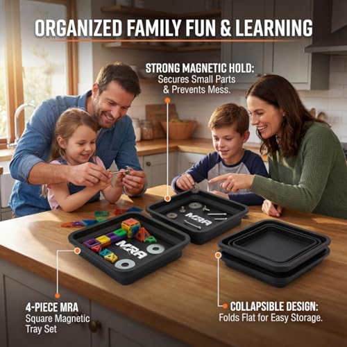 Collapsible Magnetic Parts Tray Set, 4-Pack, Black | Silicone construction, double-sided magnets, fold-flat design, keeps screws and bolts, compact storage, mechanic organizer - color: Black