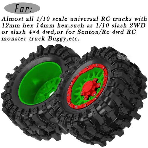 12mm/14mm/17mm RC Truck Wheel Tires for 1/10 Rustler Stampede Hoss,Granite Vorteks Big Rock,Axia 1 L0si Red cat Rc 4wd,Hard Plastic RC Truck Tires,RC Monster Truck Car Wheels,4PCS Red&Green - color: Red&green